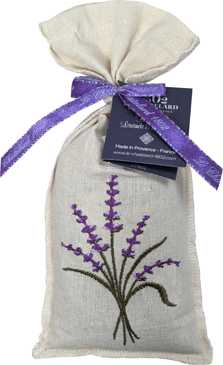 Lavendelblüten im besticktem Leinensäckchen, 50 g